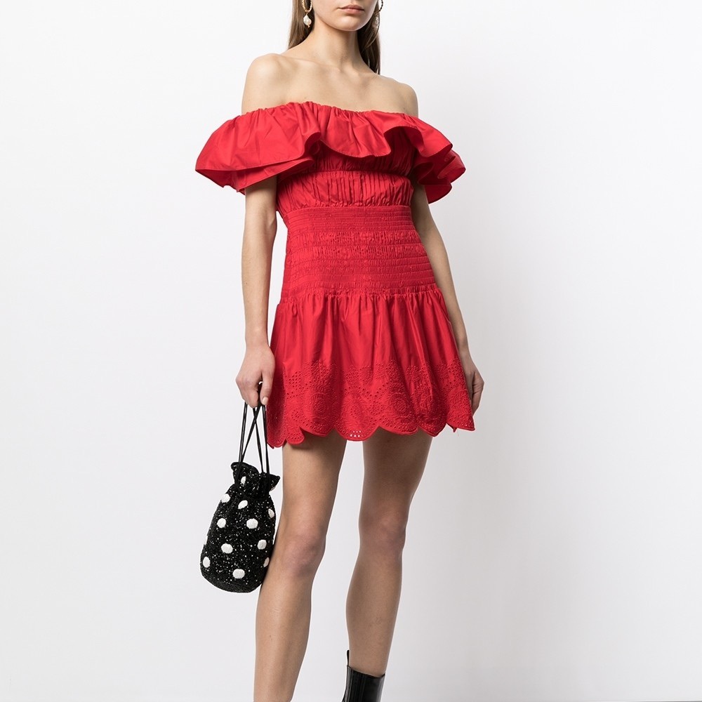 Red One Shoulder Cotton Poplin Mini Dress